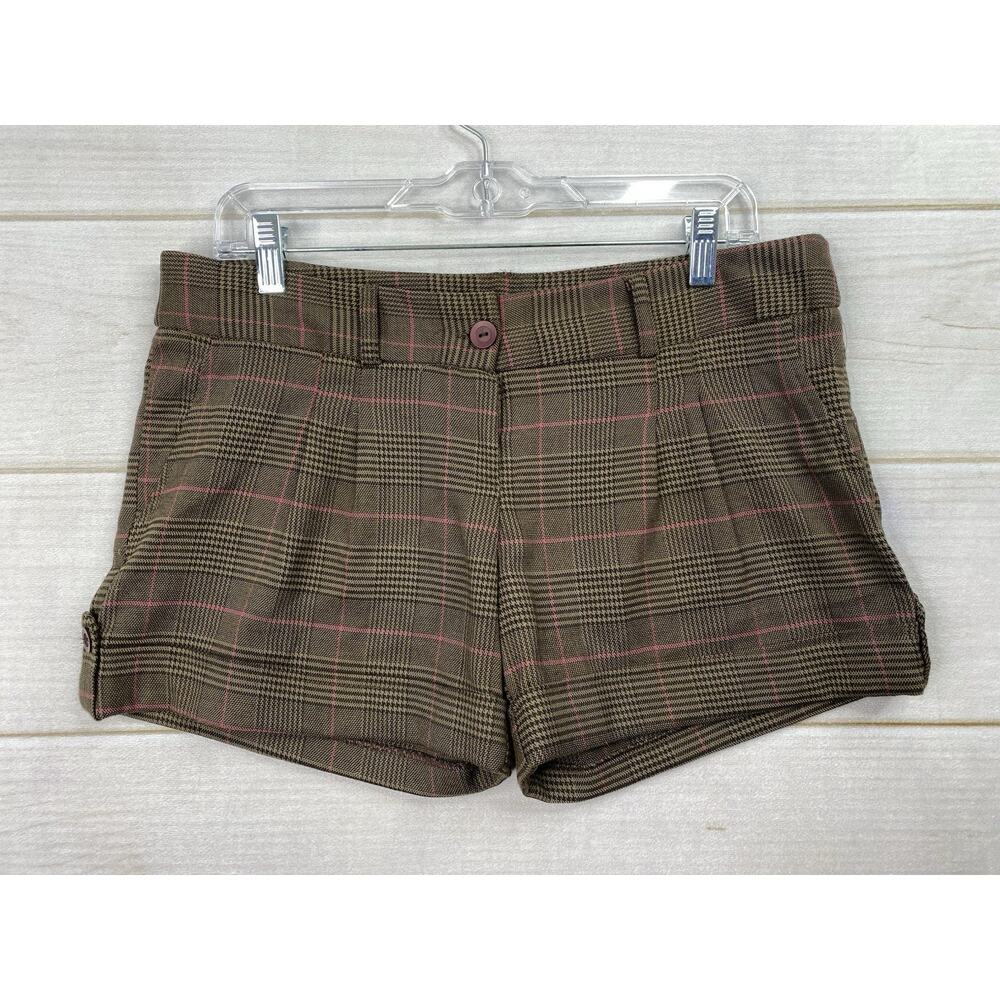 VTG Y2K Wet Seal Mini Shorts Sz L Cuffed Brown Plaid Pleated Preppy USA Made